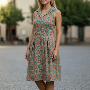 Leifsdottir Anthropologie Floral Shift Dress Sz M Orange Green Sleeveless